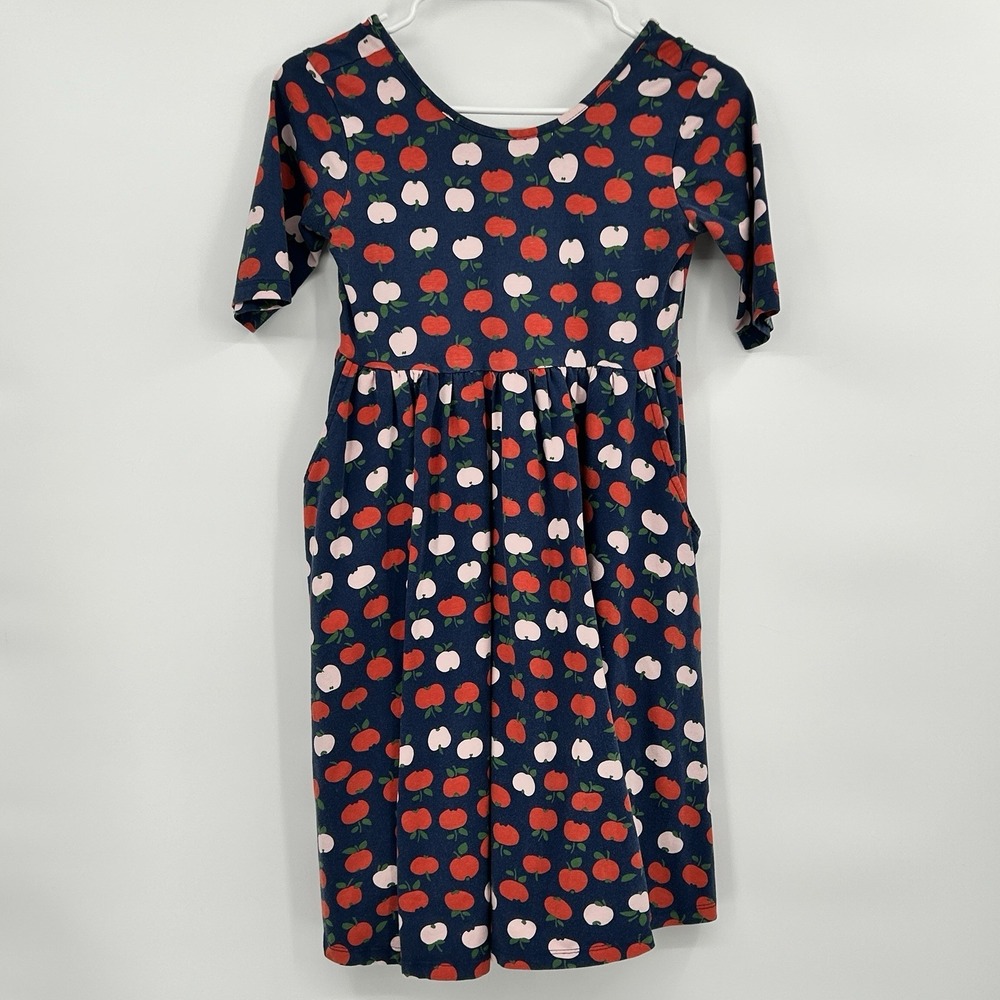 Hanna Andersson Twill Apple Print Skater Dress Size 12 150 cm Pockets Navy BLue